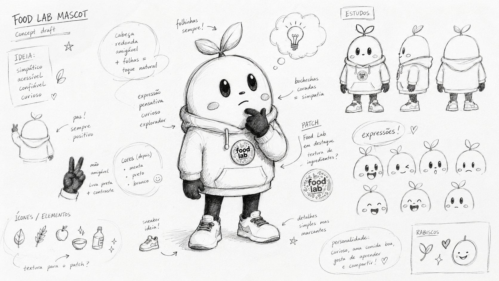 Concept draft — sketches, estudos de pose e expressões da mascote Food Lab
